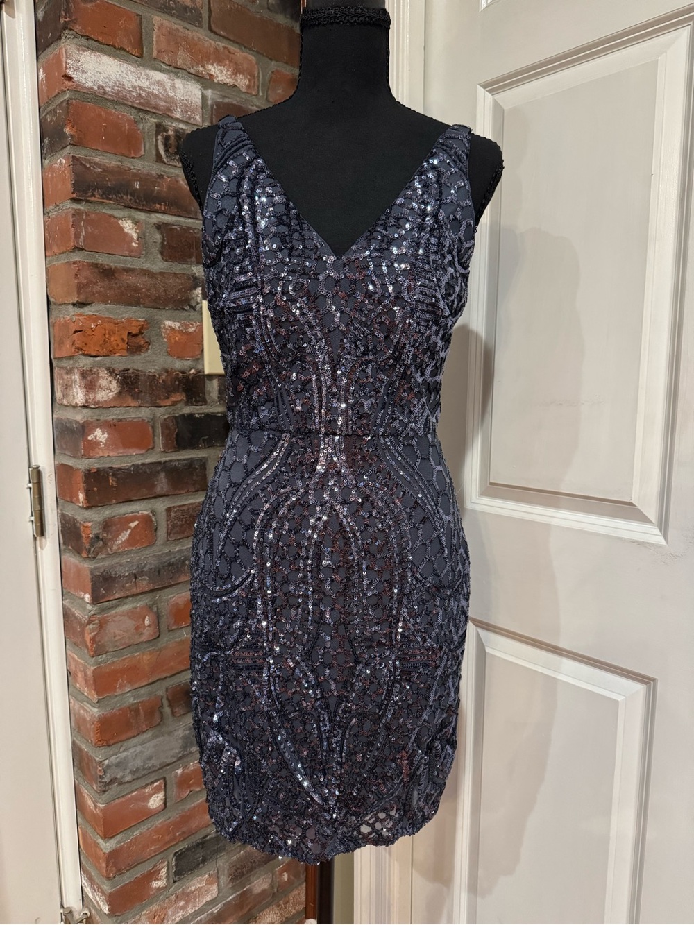 Night Way Collections Charcoal Sequin V‑Neck Mini Dress